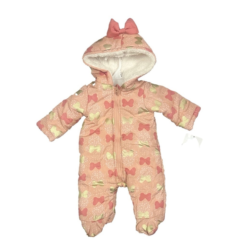 NWT‎ Disney Baby Girl 0/3m Pink Hooded Puffer Snowsuit Zip Cozy Footed Winter